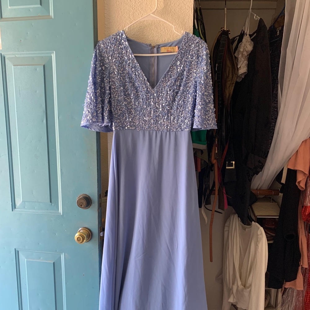 Short Sparkle Sleeve Powder Blue/ Periwinkle Floor Length Gown